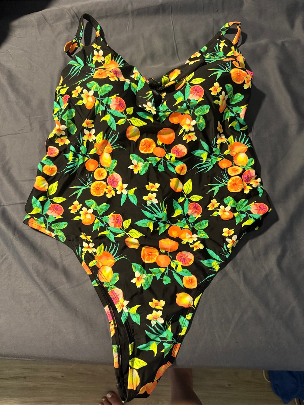 Xhiliration Black One-Piece Swimsuit with Orange Citrus Print